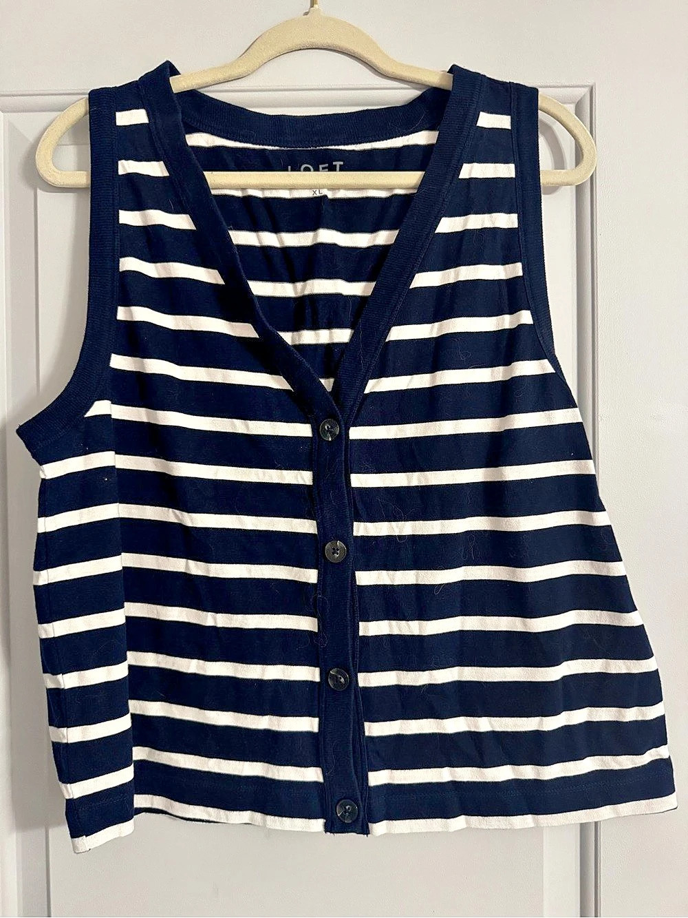 LOFT Striped V-Neck Cardigan Tank Top Blue & White XL